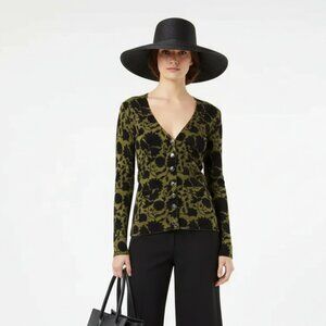 Fossil Green & Black Print Long Sleeve Knit Cardigan Sweater NEW XS